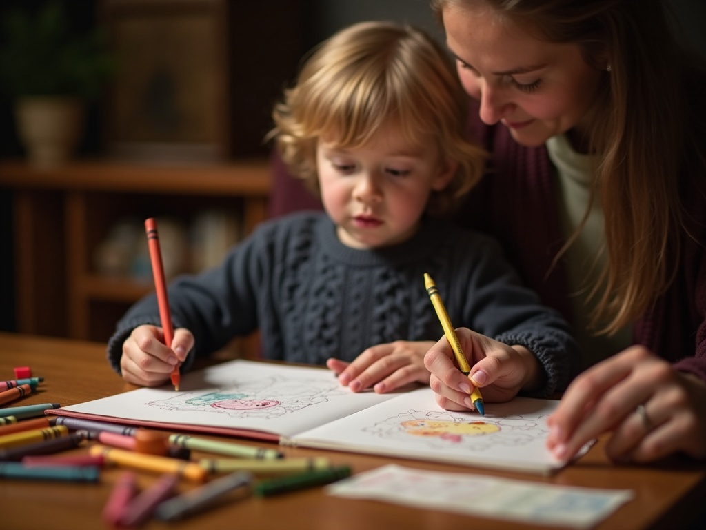 Child drawing theater characters with crayons while parent reads the story aloud